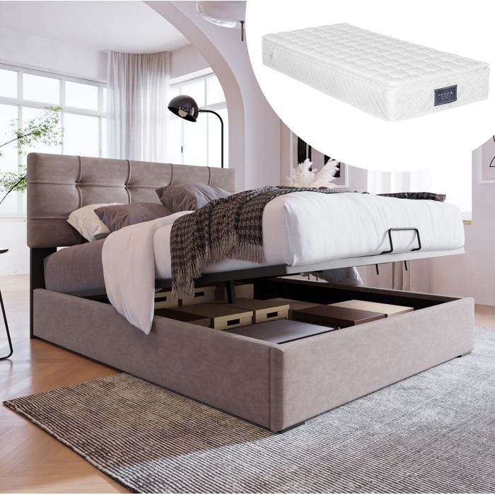 Lit simple rembourré 90 x 200 cm en velours gris clair avec rangement