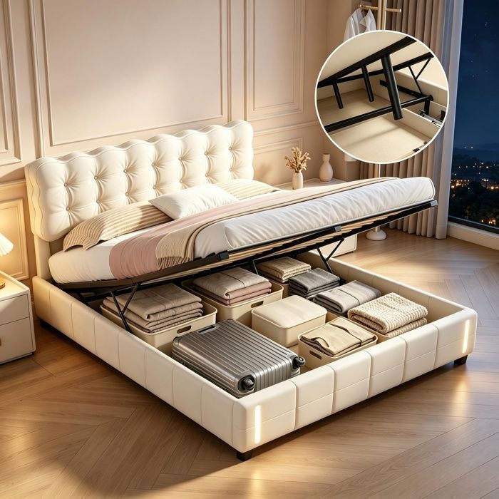 Lit coffre 160x200SUNFECILIlit 160x200lit adulteavec sommier à lattesLEDtissu en velourslit 2 personnesBeige