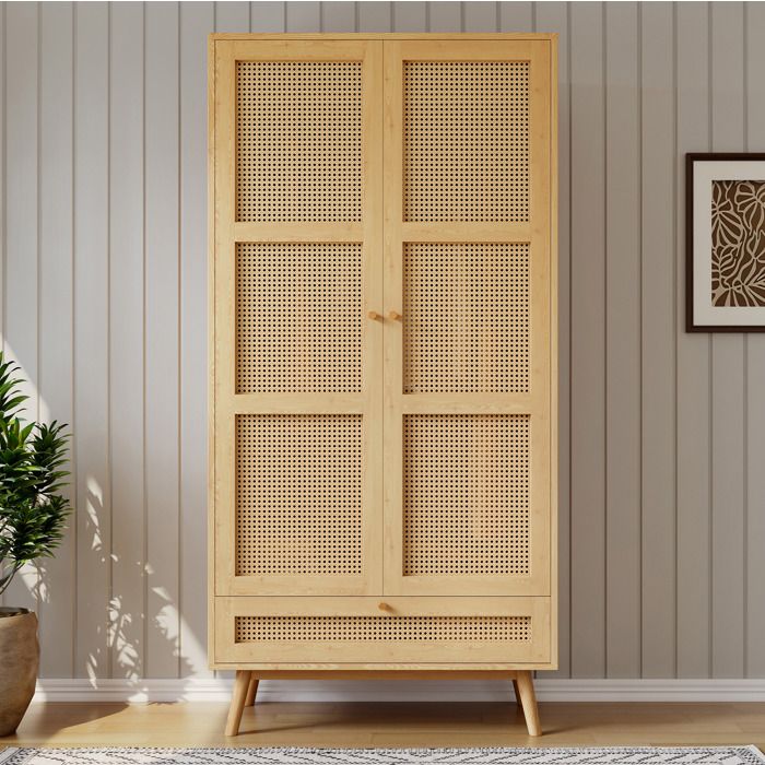 Armoire penderie 2 portes 90x45x183 cm avec tringle portes effet cannage rangement bas bois naturel