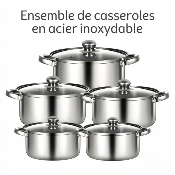 Set 10 Casseroles Inox 16-24cm Couvercles Vitrés Compatible Induction/Gaz Chauffe Rapide & Nettoyage Facile
