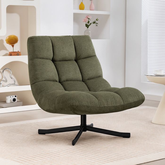 Fauteuil lounge pivotant - Assise large 75 cm - Revêtement chenille déperlant - Pieds acier thermolaqué - Pivot 360°