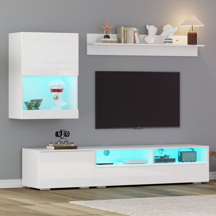 Meuble TV Mural Design Blanc Brillant avec LED 175cm Ensemble 3 Pièces Meuble de Salon Suspendu ou Posé pour TV jusquà 80