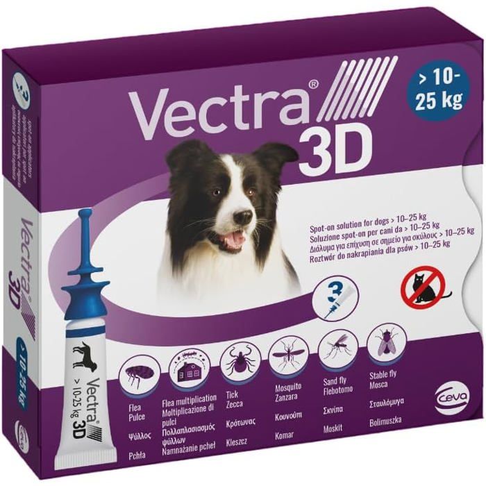Pesticide 3D pour chien - 3 pipettes anti-puces tiques et moustiques pour chien 10/25 kg - Protège contre les puces tiques