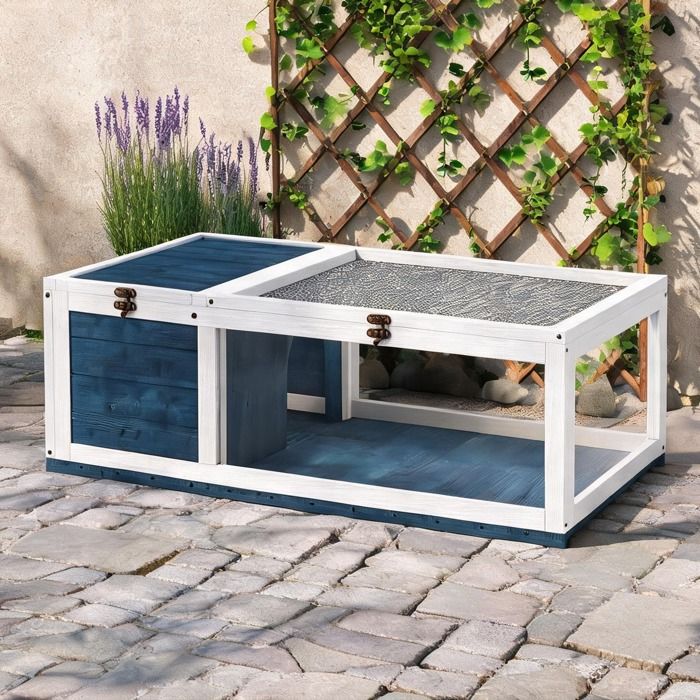 Enclos en bois pour tortues toit relevable 91 x 60 5 x 32 cm bleu doux