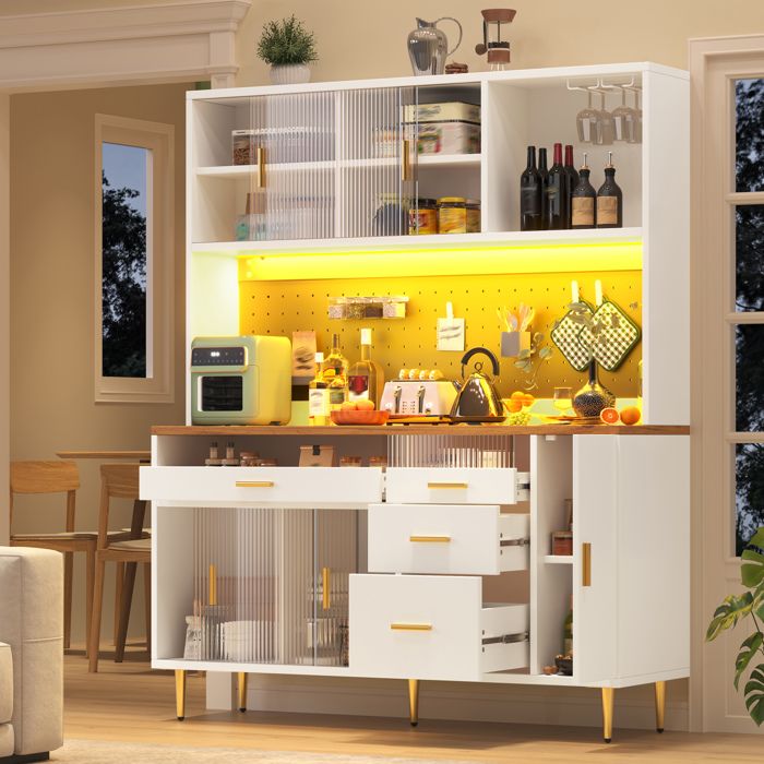 COVREO Vitrine buffet haut 145 x 24 x 171 cm blanc LED portes coulissantes en verre tiroirs panneau perforé