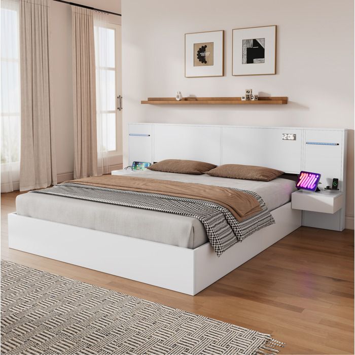 ROVRYN Lit double 180 x 200 cm blanc avec USB-A/USB-C horloge haut-parleurs Bluetooth LED et 2 chevets