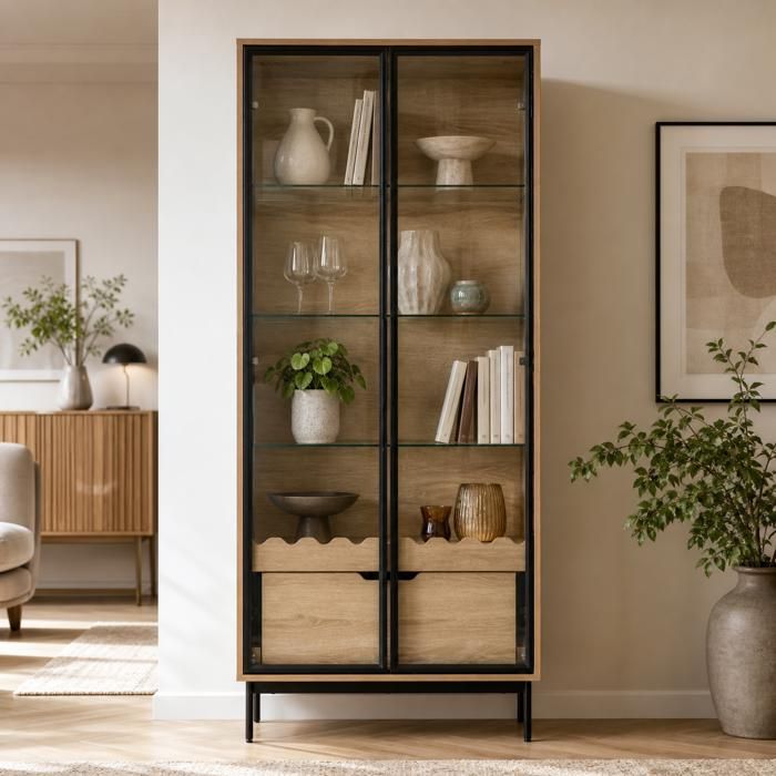 Armoire avec porte vitrée étagères en verre réglables tiroir décor ondulé pieds métalliques – pour salon chambre et couloir