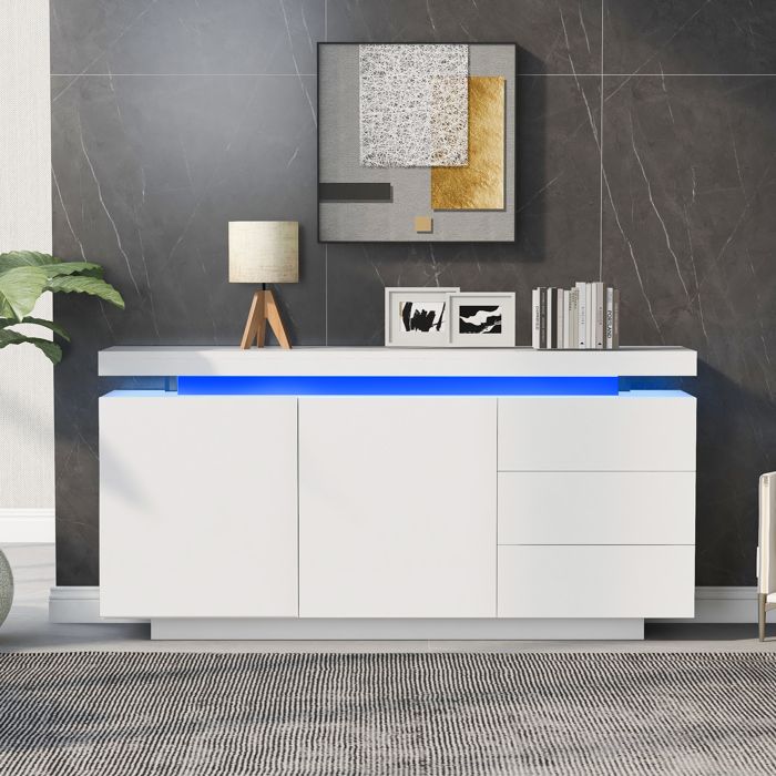 Buffet haut - Moderne LED - Blanc laqué brillant - 2 portes 3 tiroirs - LED contrôlables via application