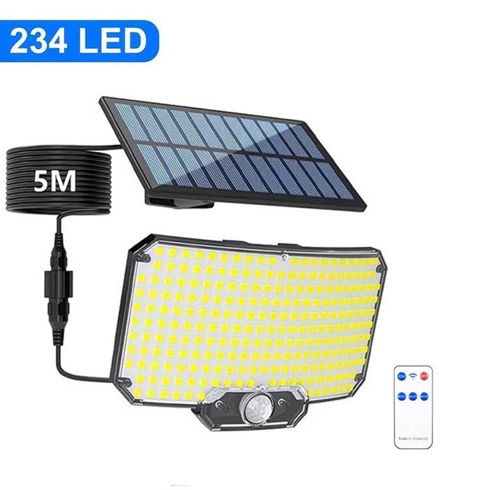Lampe solaire extérieure - YUNSTORE - 234LED - Détecteur PIR 3–5m - Panneau solaire séparé 5m - Télécommande