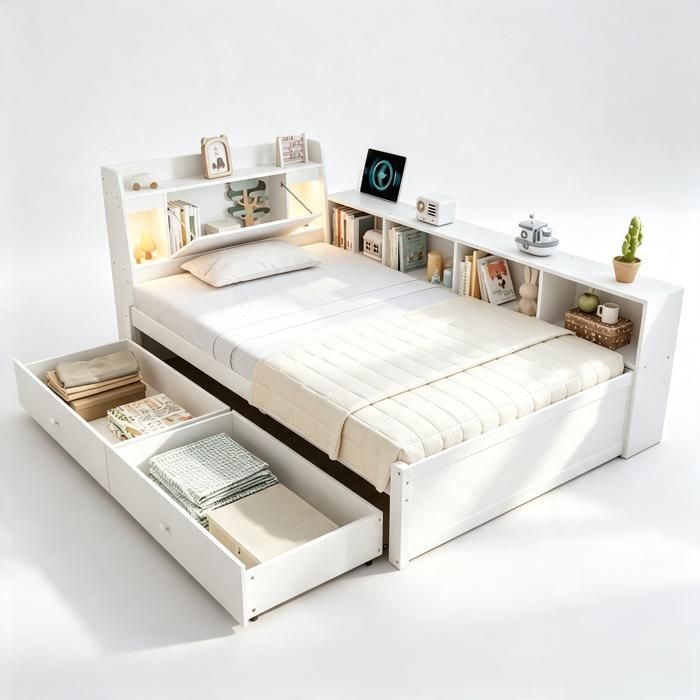 Lit combiné BELLEMAVE rangement blanc 90x200cm tête étagée LED USB étagères latérales et 2 tiroirs coulissants