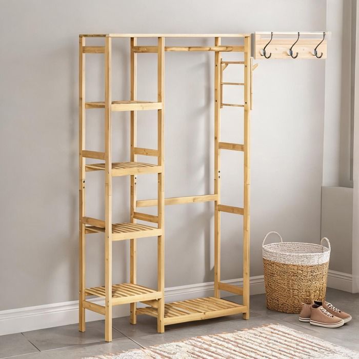 Portant à vêtements en bambou naturel avec tringle 4 étagères et 2 crochets – 90 x - Bois naturel Bambou 35.43 x 11.81 x 61.02 cm