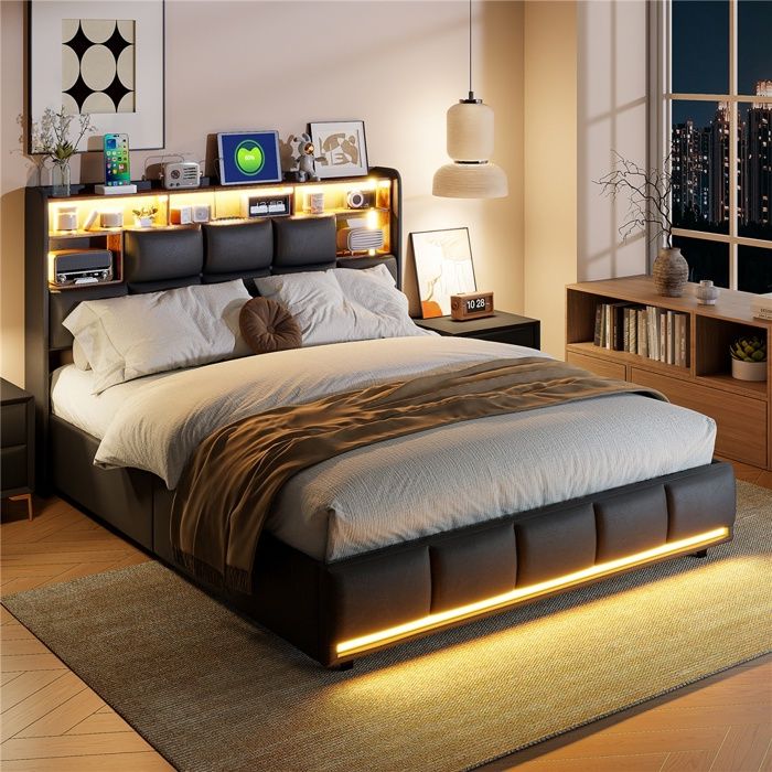 Lit Coffre 140x190cm Rembourré - Éclairage LED Tête et Pied de Lit Prises USB Rangement PU - Noir