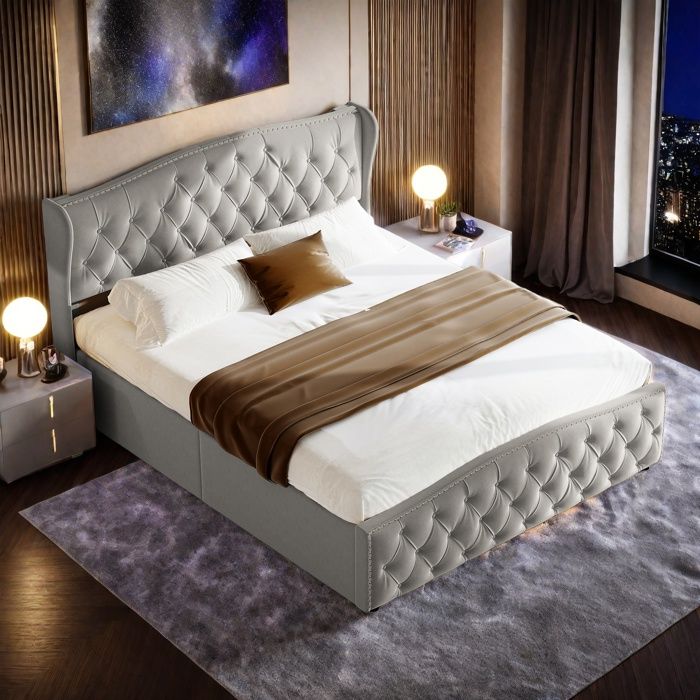 Structure de lit double 140x190 cm - Tête de lit rembourrée - Sommier à lattes - Avec clous décoratifs - Gris - Scandinave