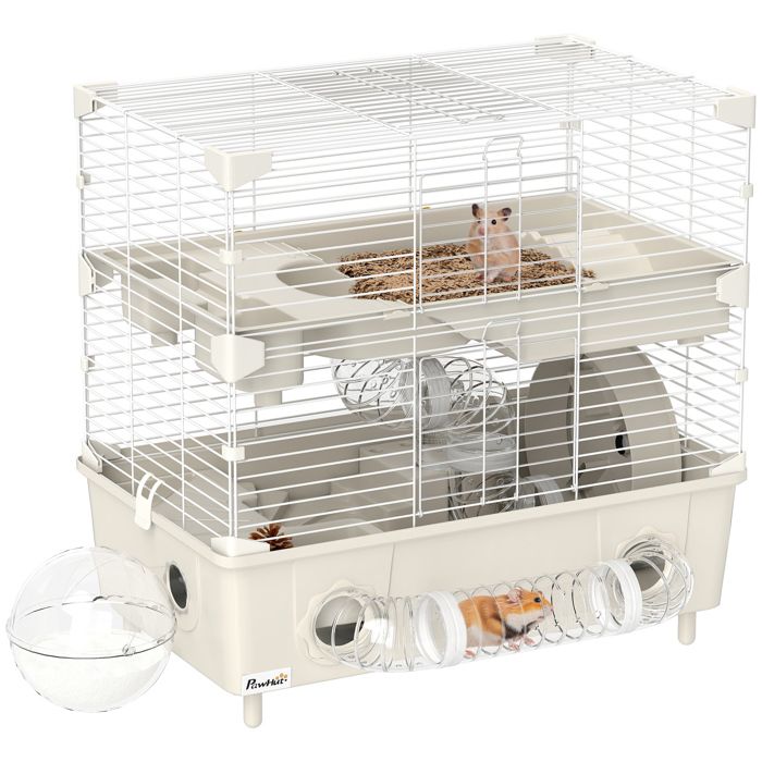 FSX Cage pour hamsters à 2 niveaux et 3 portes avec roue et tubes en acier PS et PP 44 5 x 28 x 44 cm crème et blanc