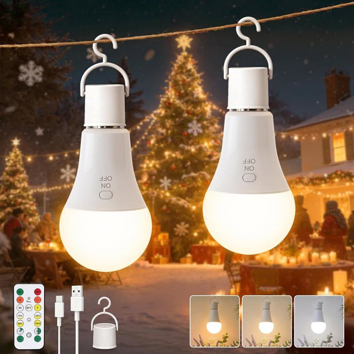 Ampoule LED Rechargeable E27 - Lot de 2 - Sans Fil USB - 3 Couleurs Dimmable - Intérieur Extérieur Camping - 7W Blanc BLU-RAY FILM