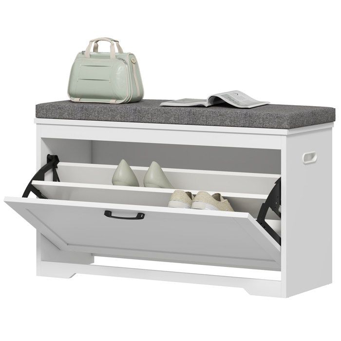 Banc à Chaussures - Banc dEntrée Assise Rembourrée Tiroir Basculant Étagère - 80 x 30 x 50 cm - Blanc