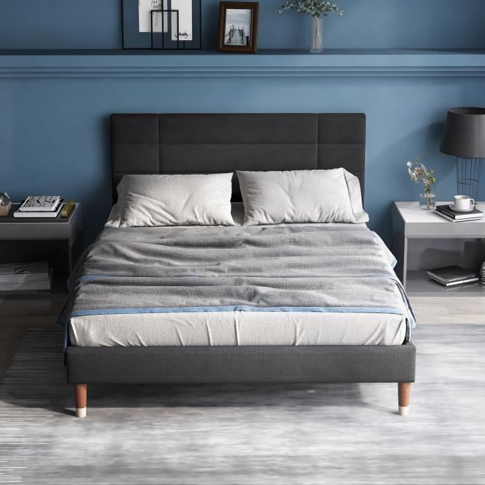lit capitonné contemporain 140x200cm avec sommier à lattes - tête de lit tapissée - aapaas -gris