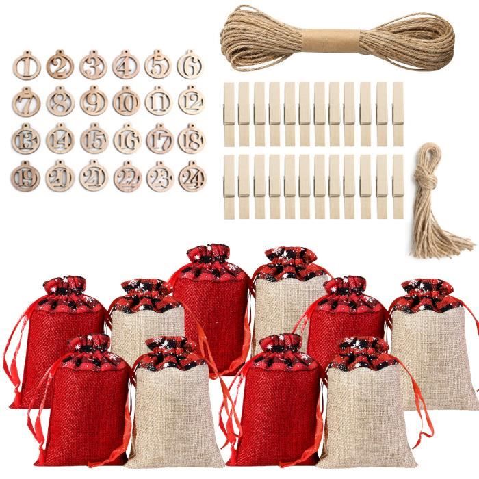 Calendrier De L'Avent Sacs, 24pcs Sac De Cordon De Noël+24 Clip+10m Ficelle+Étiquettes, Cadeaux