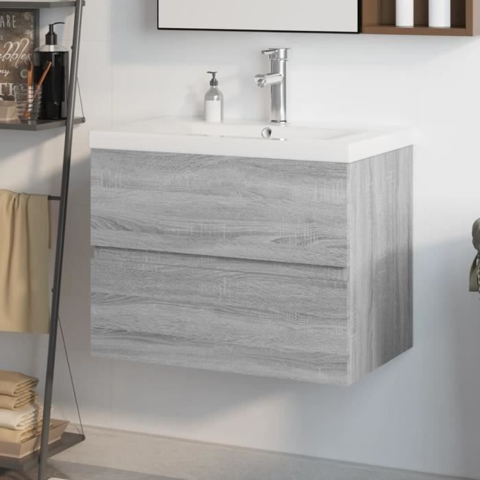 Meuble Sous Lavabo Sonoma Gris 63x30x54 Cm - 1 Placard Et 3 Tiroirs - Bois D'ingénierie Résistant à L'humidité