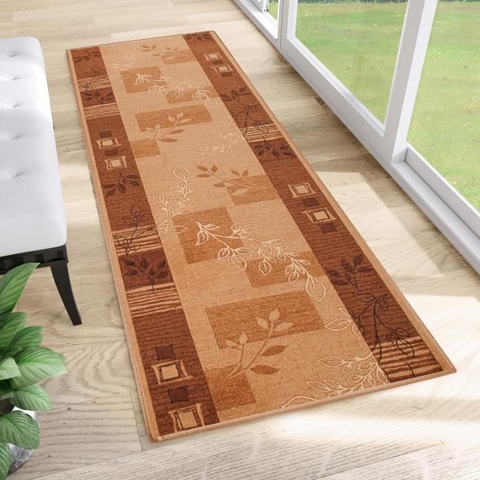 TAPISO Antidérapant Tapis Couloir Long Tapis au Mètre Tapis de Passage Poils Ras Tapis Entrée Cuisine Évier Chambre Escaliers Moderne Marron Beige Moucheté Abstrait Bordé 80 x 120 cm