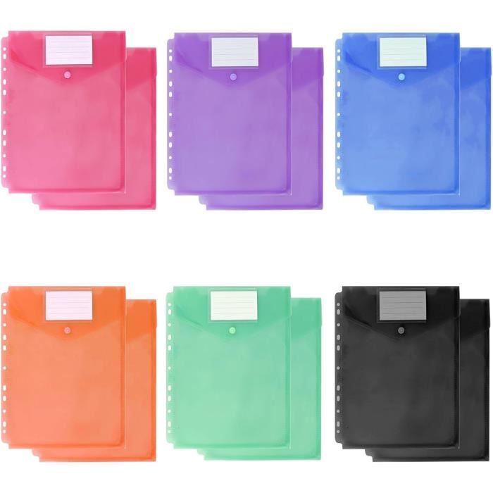 Lot De 12 Pochettes Plastique A4+ - 6 Couleurs, 16 Microns, étanches, Avec Rabat Et étiquettes - Pour Maison, Bureau, école