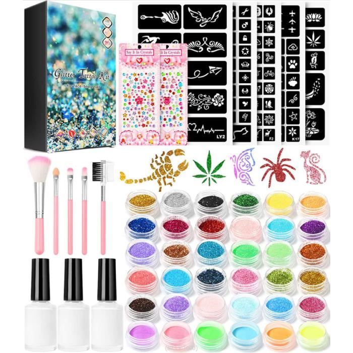 Kit De Tatouages Paillettes - 200 Pochoirs + 10 Couleurs - Art Corporel Temporaire