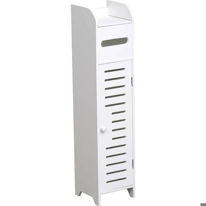 Meuble Réserve et Dérouleur de Papier WC en Bois Blanc - TENDANCE - 18x18xH80cm - 1 étagère - 1 porte