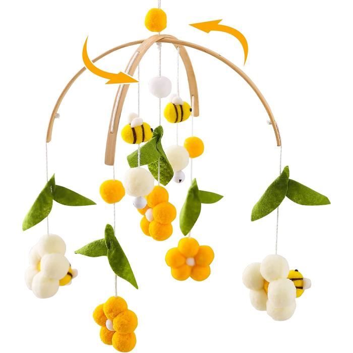 Mobile Pour Berceau Bébé - Bois Et Feutre, 40x18 Cm, Pendentifs Dinosaures, Nuages, Feuilles - Décoration Chambre Stimulante