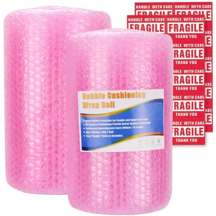 2 Rouleaux Papier Bulle 300mm X 11m - Perforés Tous 30cm - 20 Autocollants Fragiles Inclus