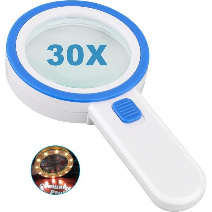 Loupe Avec 12 LED Et Grossissement 30x - Lentille Verre 10cm - Pour Lecture, Timbres, Pièces - Piles AA Non Incluses