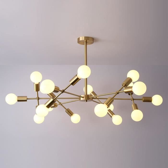 Lustre Spoutnik Pendentif, Laiton Brossé, Milieu De Siècle, 3 Lumières, Artisanal