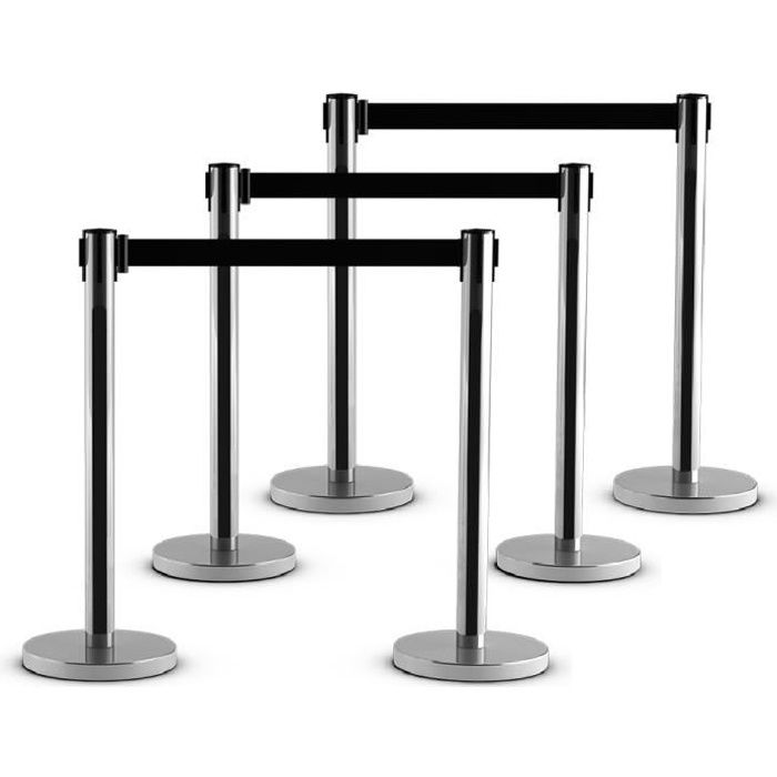 COSTWAY 6 Poteaux de Guidage Guide File avec 3 Sangles Rétractable 2 M en Acier Inoxydable pour Aéroport, Théâtres, Cinéma Noir