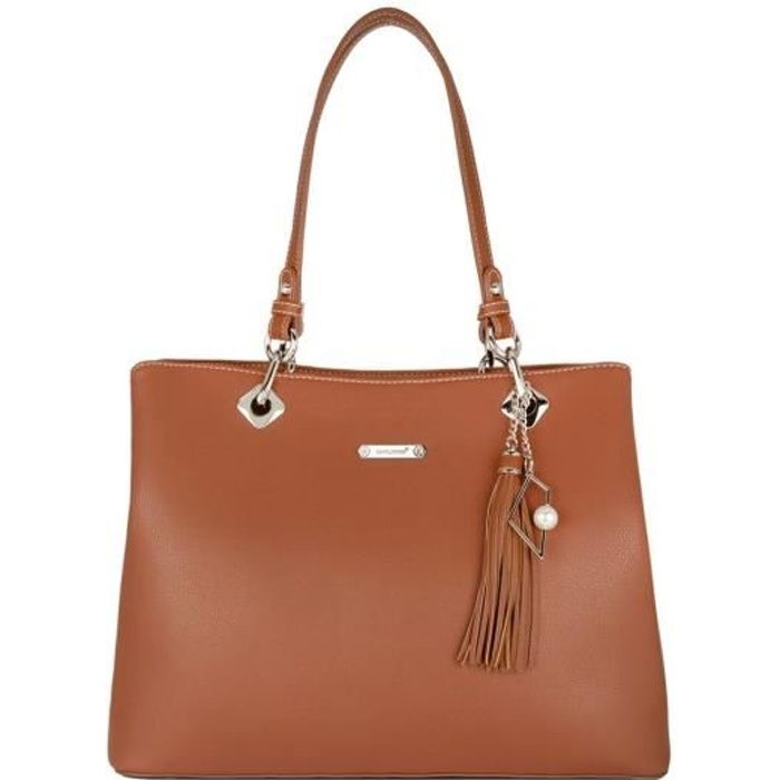 David Jones - Sac à Main Porté Epaule Femme - Grand Cabas Fourre-Tout Simili Cuir Souple - Tote Shopping Bag Large - Marron Cognac