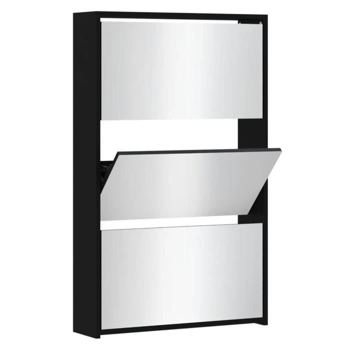 Meuble à chaussures - GAROSA - Armoire à chaussures avec miroir - 3 tiroirs - Noir - 63x17x1025 cm