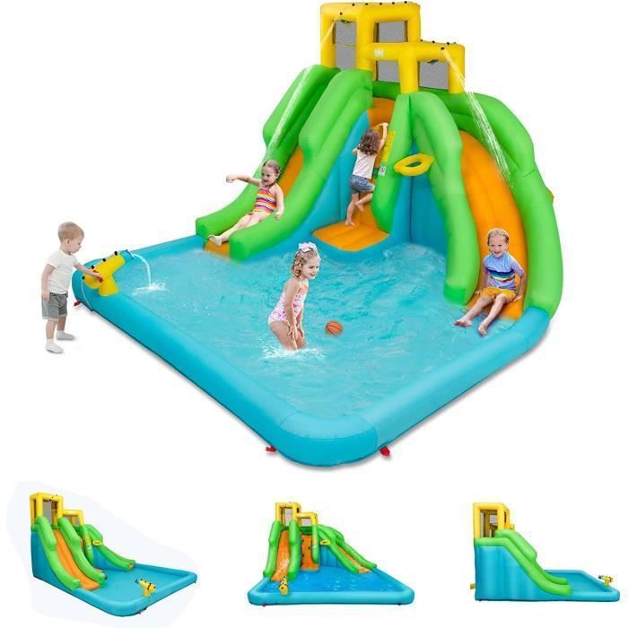GOPLUS – Château Gonflable Extérieur Avec Toboggan, Piscine, Trampoline, Panier De Basket, Musique, Pour 2 Enfants (3-10 Ans, Charge 135 Kg)