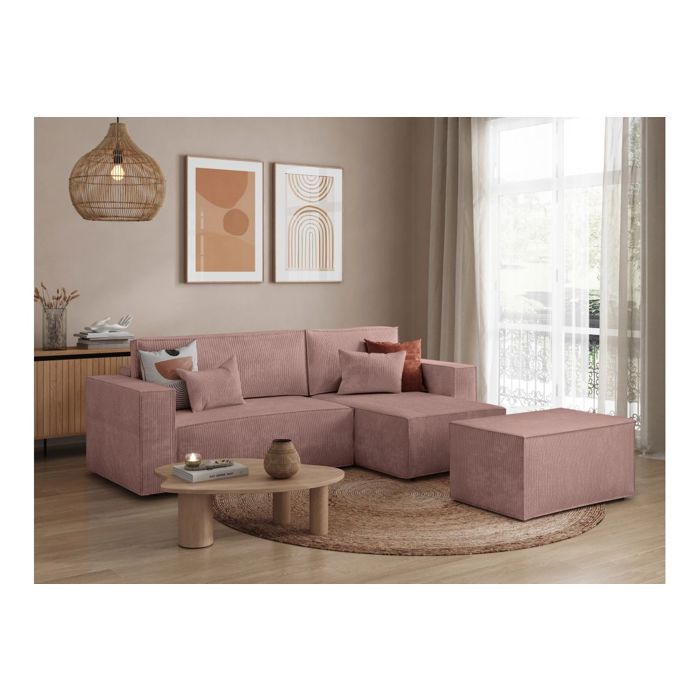 PACK - CLARISSE - Canapé dangle convertible réversible avec pouf en velours côtelé - Vieux rose - L269 x P159 x H89cm - LOUNGITUDE
