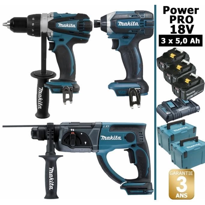 Pack Makita PRO START BL Motor 18V 4 Machines 3 Batt 3Ah Perceuse DDF485 + Visseuse DTD153 Meuleuse Dga504 Perfo Dhr171 86404177