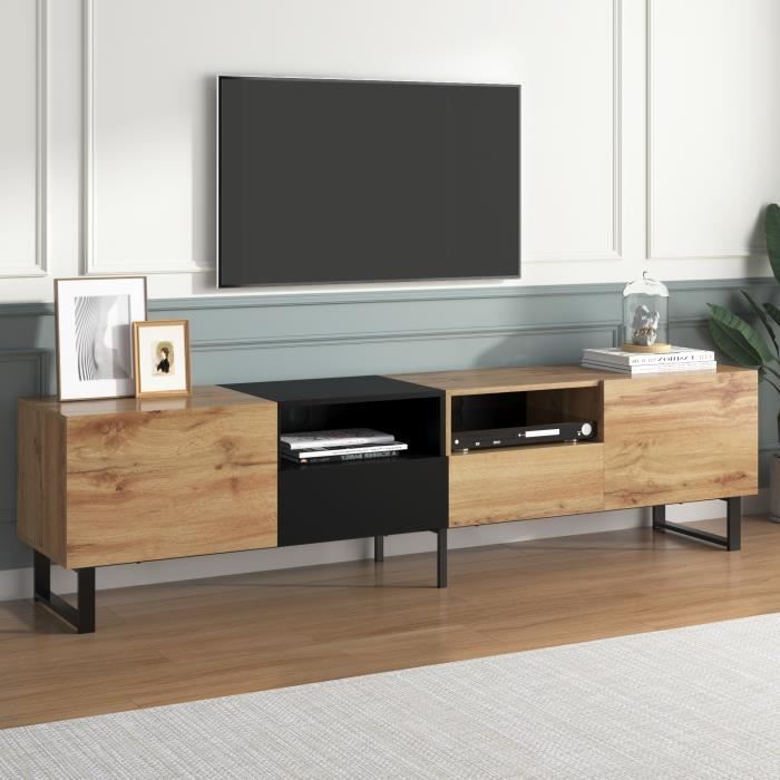 Meuble TV industriel 190 cm pour salon Banc TV led en bois avec 2 portes 2 tiroirs et 2 étagères ouvertes naturel