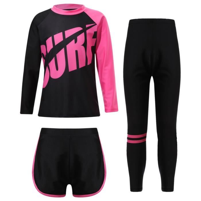Freebily Maillot de Bain Musulman Fille Enfant Islamique Burkini Haut a Manches Longues avec Short Pantalon Surf Natation 2 14 Ans Rose Cdiscount Pret a Porter