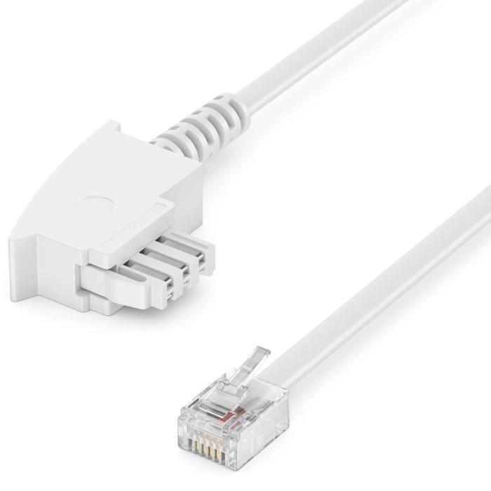 Câble Téléphonique Plat DeleyCON 1m - TAE-F Mâle Vers RJ11 Mâle 6P4C - Blanc - Pour Téléphone, Modem, Routeur