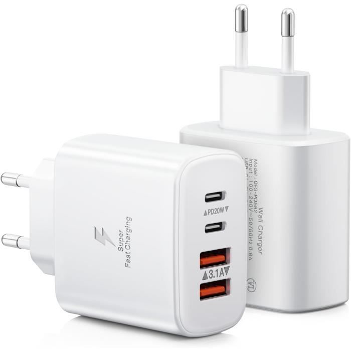 Chargeur Secteur USB-C Rapide 40W 4 Ports (2x USB-C + 2x USB-A) - Compatible IPhone, Samsung