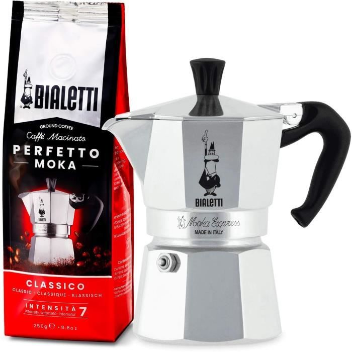 0001162 Cafetière Italienne, Aluminium, Argent, 3 Tasses + Perfetto Moka Café Moulu Classico