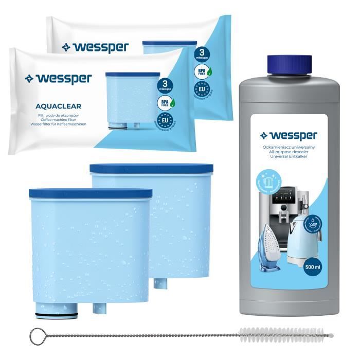 Set de nettoyant, détartrant 0,5L et 2x filtres Wessper (rechange) pour machine à café Saeco / Philip, LatteGo / Série 2200