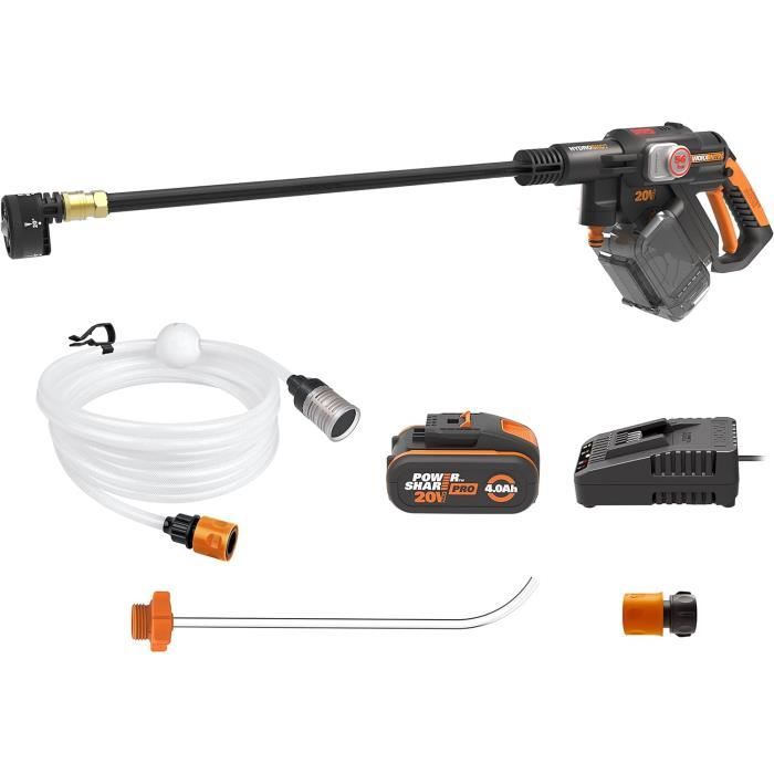 WORX Nitro Nettoyeur Haute Pression sans Fil Brushless 20V Hydroshot WG633E Outil Mobile sans raccord d'eau Fixe livré ave 1 Batterie 4Ah Chargeur Tuyau 6m Lance Longue buse à Jets Multiples