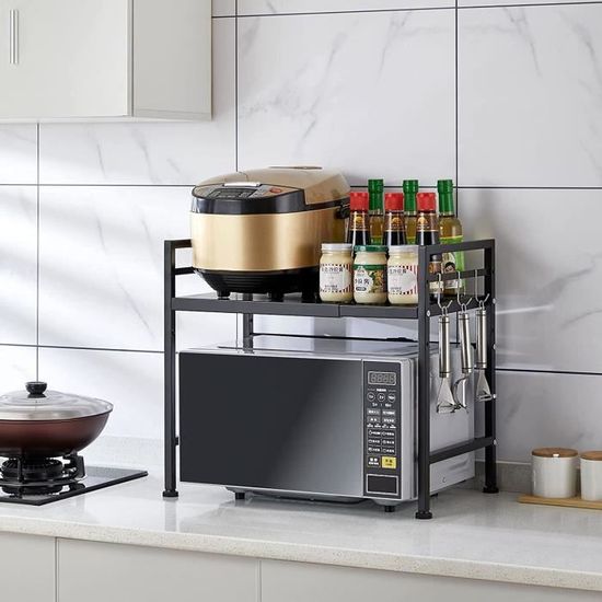 Étagère Micro-ondes Extensible 2 Niveaux Avec Crochets - Ajustable 44-60 Cm, En Acier, Gain De Place Pour Cuisine - 6