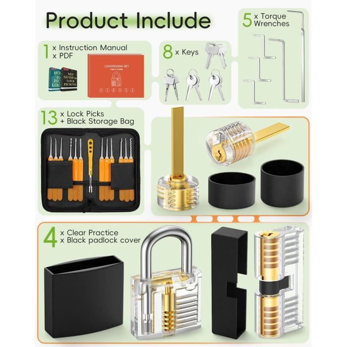 Kit De Crochetage Serrure 26 Pièces – Nouveau 2023 – Pour Débutants, Outils Transparents