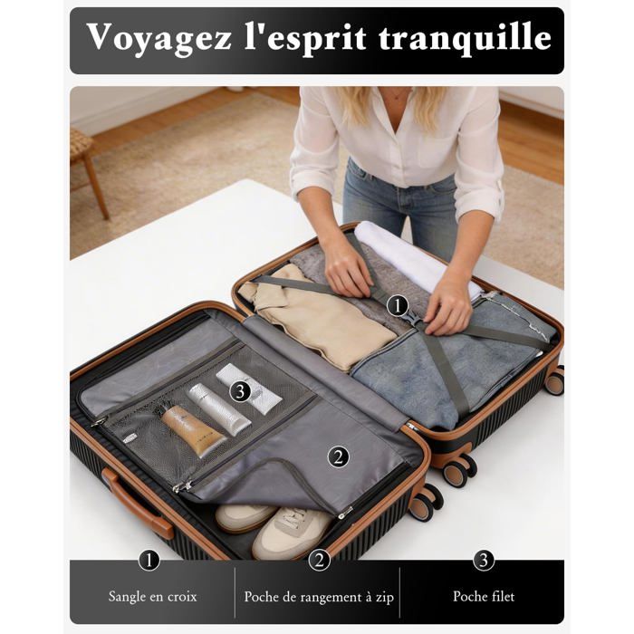Kono Valise Set 3 Pièces Rigide PP Léger - 55/65/76 Cm, 4 Roues 360° Silencieuses, Serrure TSA, Noir
