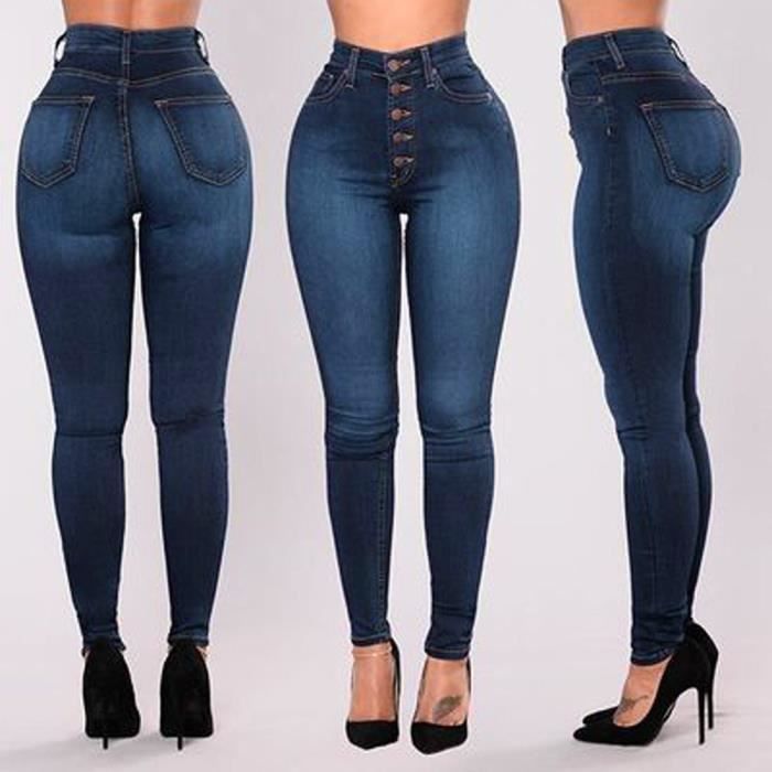 Jeans en denim skinny taille haute pour femmes Pantalon slim stretch Jeans longueur mollet m69 Bleu Cdiscount Pret a Porter
