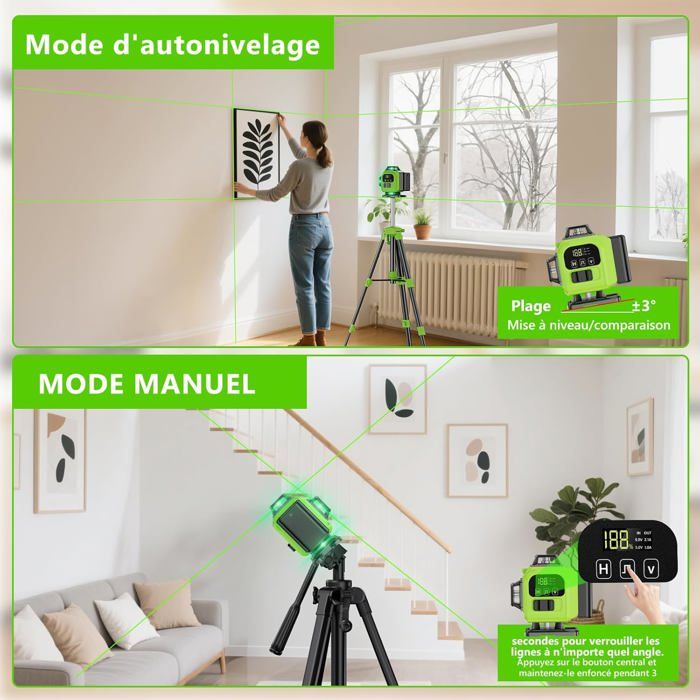 Niveau Laser, FELLAT 4 x 360° Niveau Laser Vert 4D 16 Lignes Laser Niveau Autonivelant vec Mode Pulsé, 2 Batteries Rechargeables Télécommande Support Magnétique