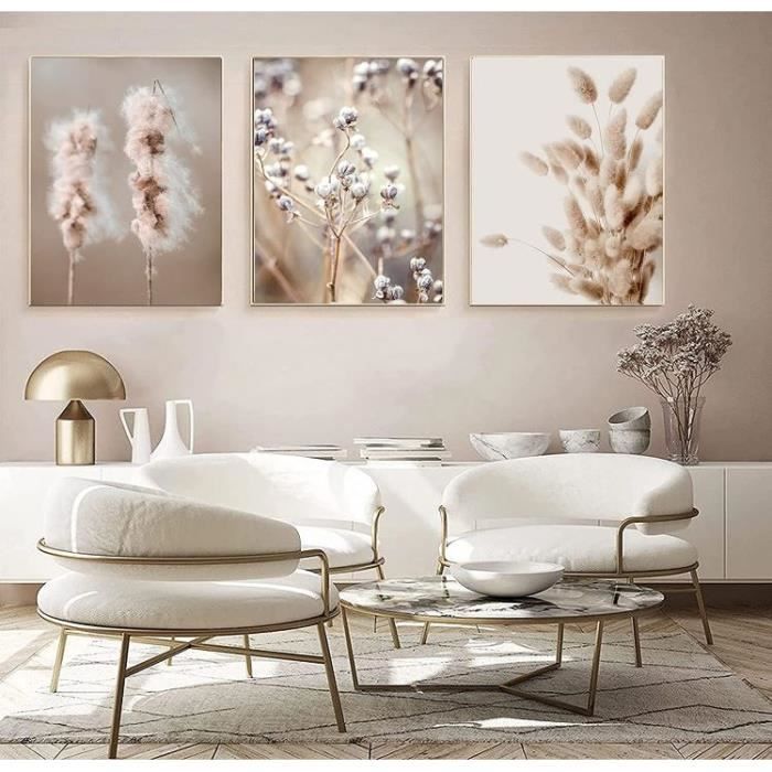 Tableau Toile Plantes Roseau Beige Moderne - Fleurs Sèches Impression 3X30x40CM Sans Cadre Pour Salon Et Chambre